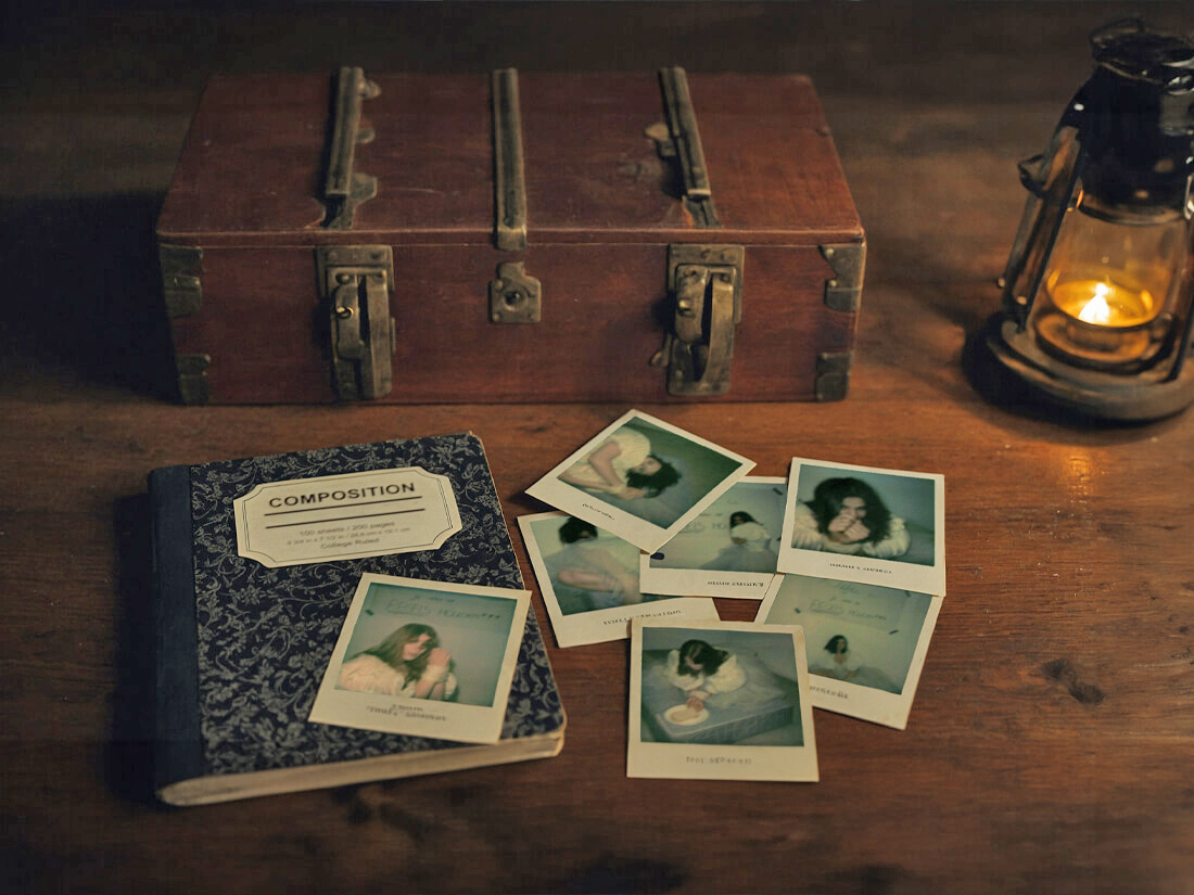 A chest with a murderer's diary and polaroid photos of tied-up women.